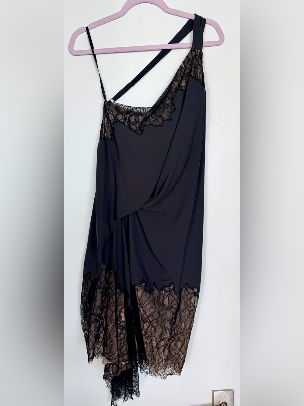 BCBGMaxAzria Black Asymmetrical Lace-Trim Slip Dress